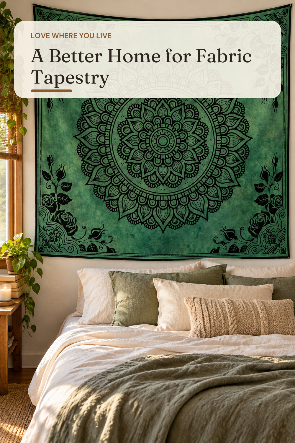 Green Boho Mandala Tapestry for Bedroom, Large Hippie Ceiling Wall Hanging; AI-generated styling illustration