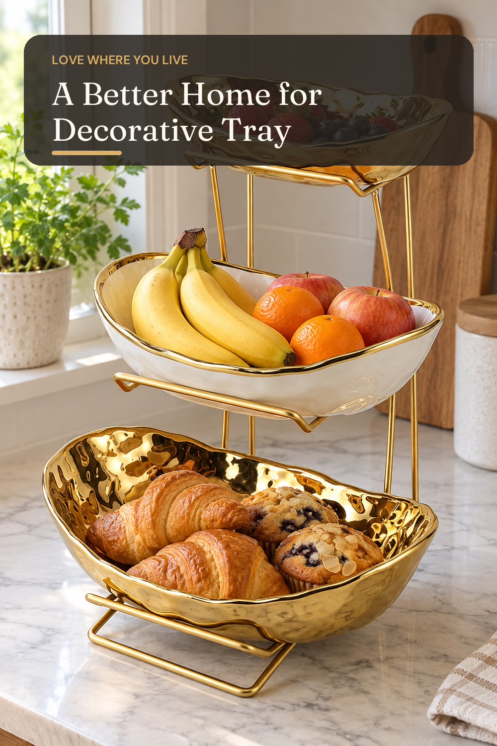 3 Tier Ceramic Fruit Bowl for Kitchen Counter with Metal Rack, Fruit Basket with Stand, Porcelain Bowls for Vegetable Bread Candy Snack Nuts Dessert Cake Tray (Gold 3 Layer); AI-generated styling illustration