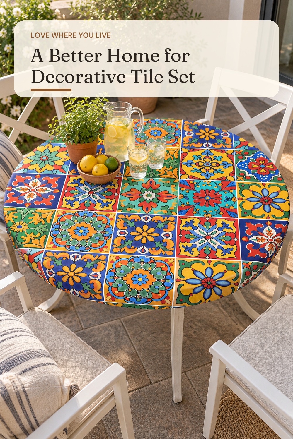 Mexican Talavera Round Fitted Tablecloth with Elastic Ethnic Fiesta Party Circle Table Cloth for 40-44" Tables Vintage Rustic Stretch Waterproof Ceramic Tile Table Cover for Dining Patio Outdoor Decor; AI-generated styling illustration