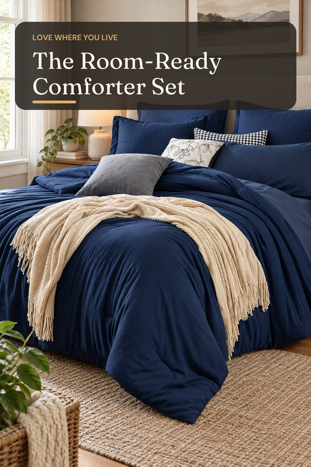 Sasttie Navy Blue Queen Comforter Set 7-Piece, Pre-Washed Bed in a Bag; AI-generated styling illustration