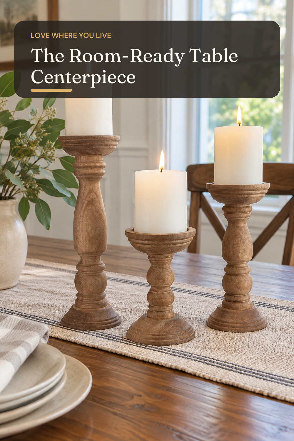 BANOMII Farmhouse Wooden Candle Holders for Pillar Candles Set of 3, Rustic Wood Candle Holder Table Centerpiece Decor, 12'' 9'' 6'' Vintage Tall Candle Stand Decorative, Brown; AI-generated styling illustration