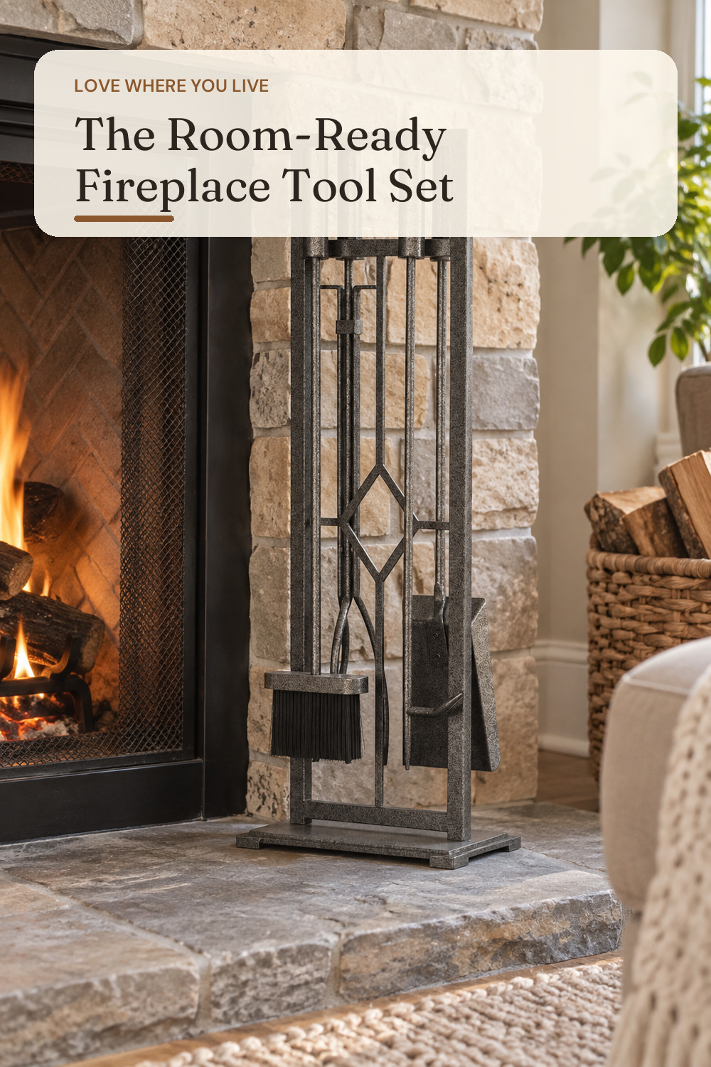 Fire Beauty 5-Piece Wrought Iron Fireplace Tools Set Pewter(Pewter); AI-generated styling illustration