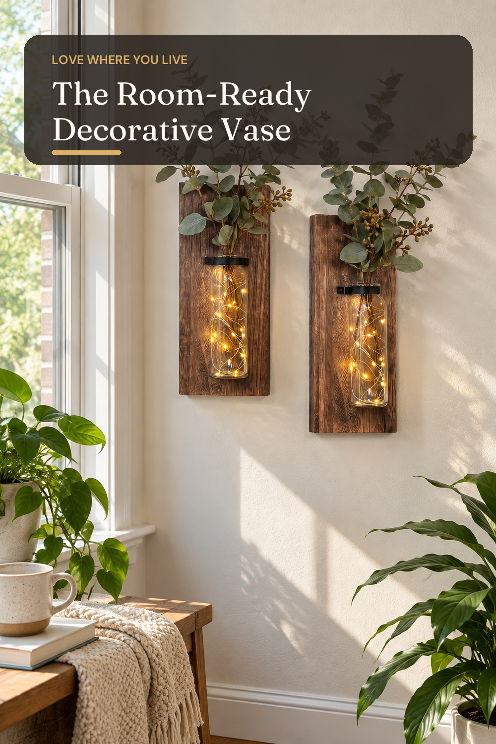 Heiple 2 Pack Wood Glass Wall Sconces, Farmhouse Planters for Indoor Plants, Rustic Decor for Living Room, Hanging Vase (Brown); AI-generated styling illustration