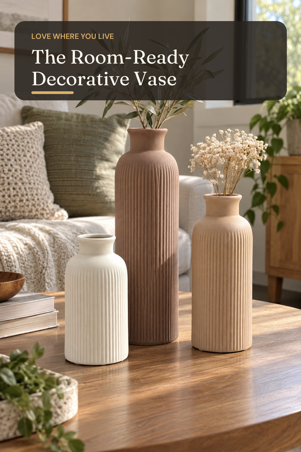 Modern Ceramic Vase Set, Earth Tone Natural Color Ribbed Matte Design, 3-Piece Decorative Vases for Home, Living Room, Office (Coffee Mix); AI-generated styling illustration