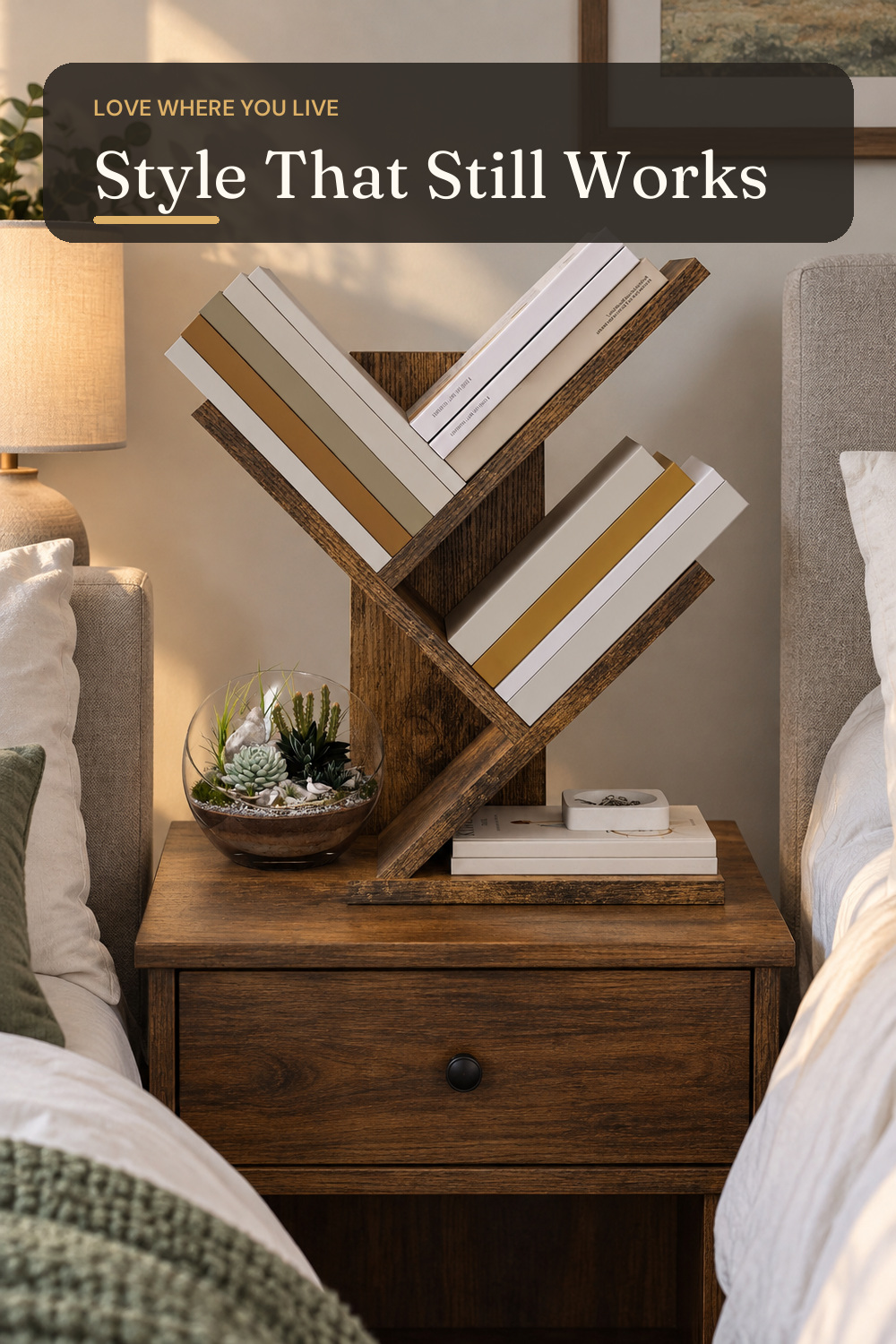 Tajsoon Tree Bookshelf 3-Tier Small Book Organizer, Rustic Brown; AI-generated styling illustration