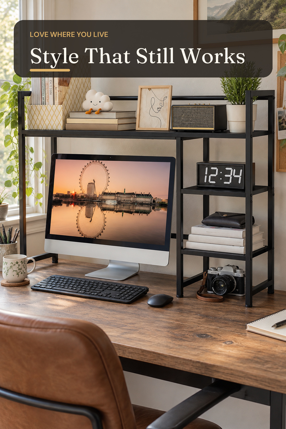 Snughome Desk Shelf, 38.6" Desk Hutch for Computer Monitor, Desktop Organizer Shelf, 4 Tier Desk Display Rack, Wood Desktop Bookshelf Storage Rack for Home Office Dorm, Black; AI-generated styling illustration