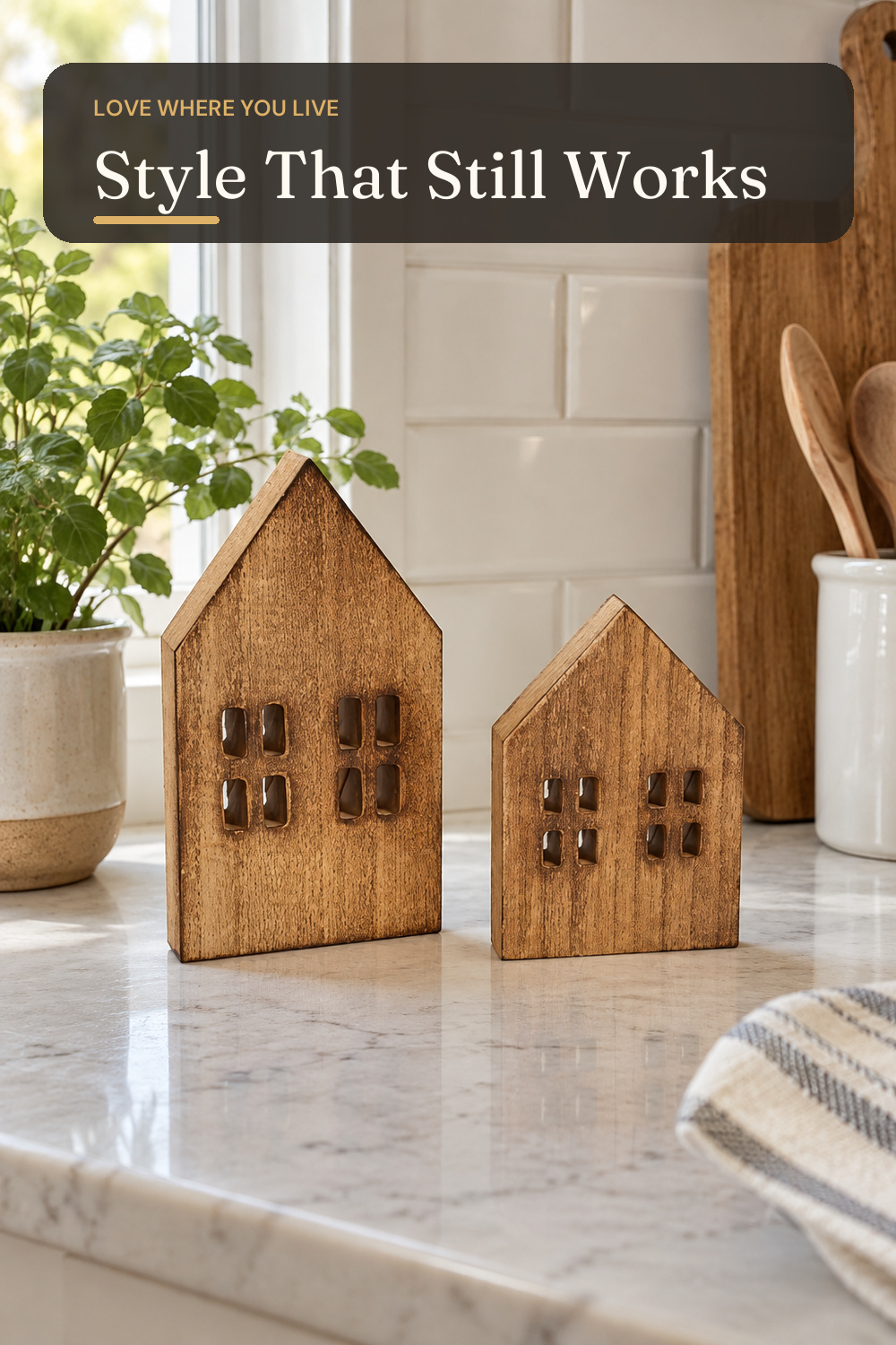 iMagitek 2 Pack Block Farmhouse Home Wooden Sign House Shaped Wooden Sign Tiered Tray Decor for Home Room Table (Brown); AI-generated styling illustration