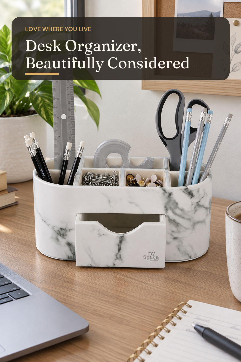 My Space Organizers Marble Desk Organizer For Office Supplies Desk Accessories - Pencil Pen Holder Decor - Home School College Organization Desktop Caddy - Faux Leather; AI-generated styling illustration