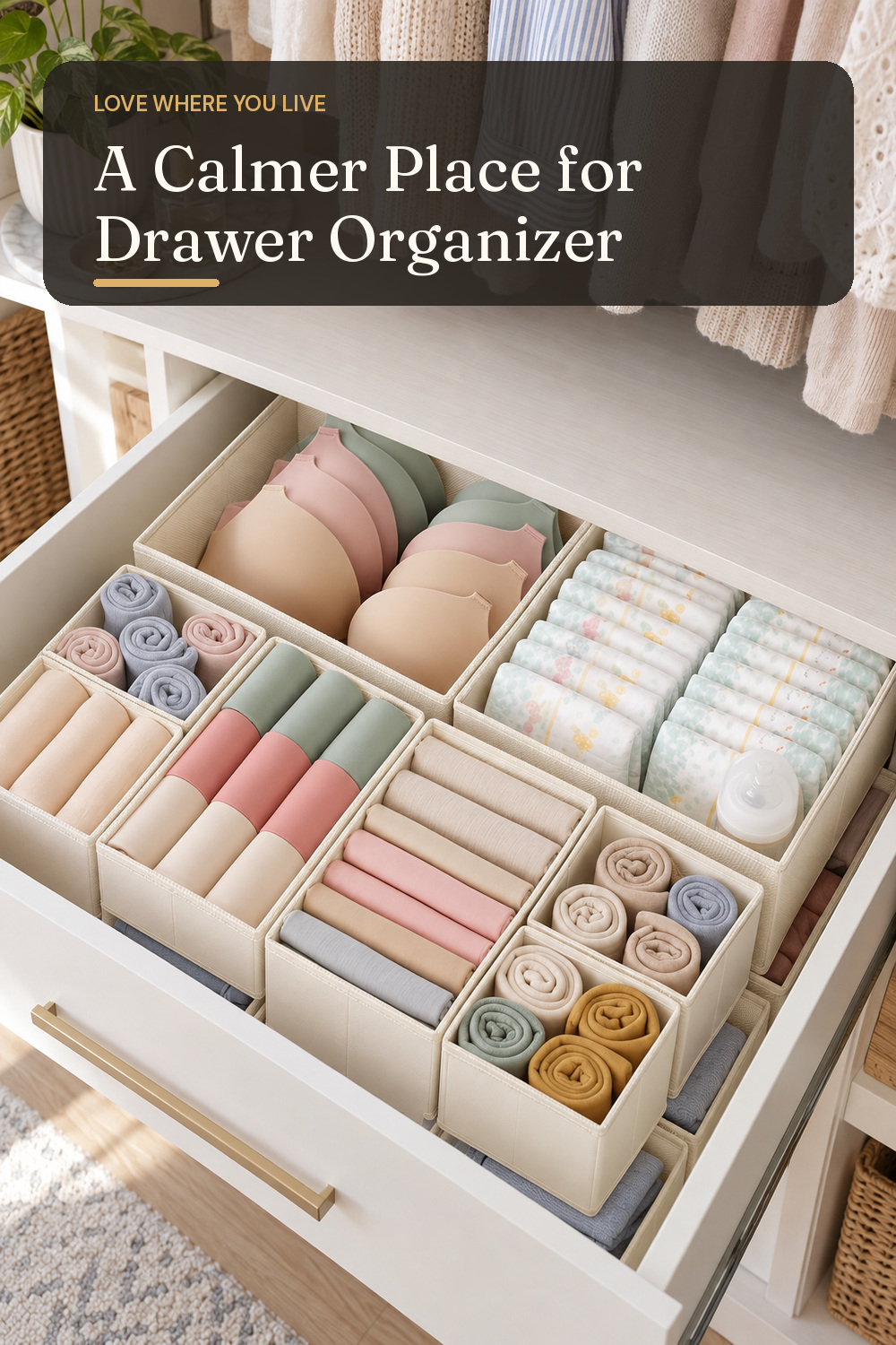 A drawer organizer used in a real apartment bedroom closet with natural window light and practical everyday styling.