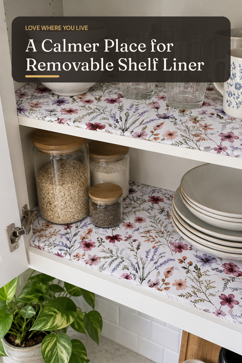 A removable shelf liner used in a lived-in rental kitchen cabinet with natural window light and practical everyday styling.