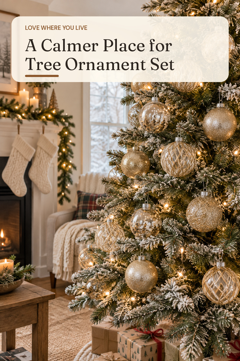 A tree ornament set used in a modest lived-in living room at Christmas with natural window light and practical everyday styling.