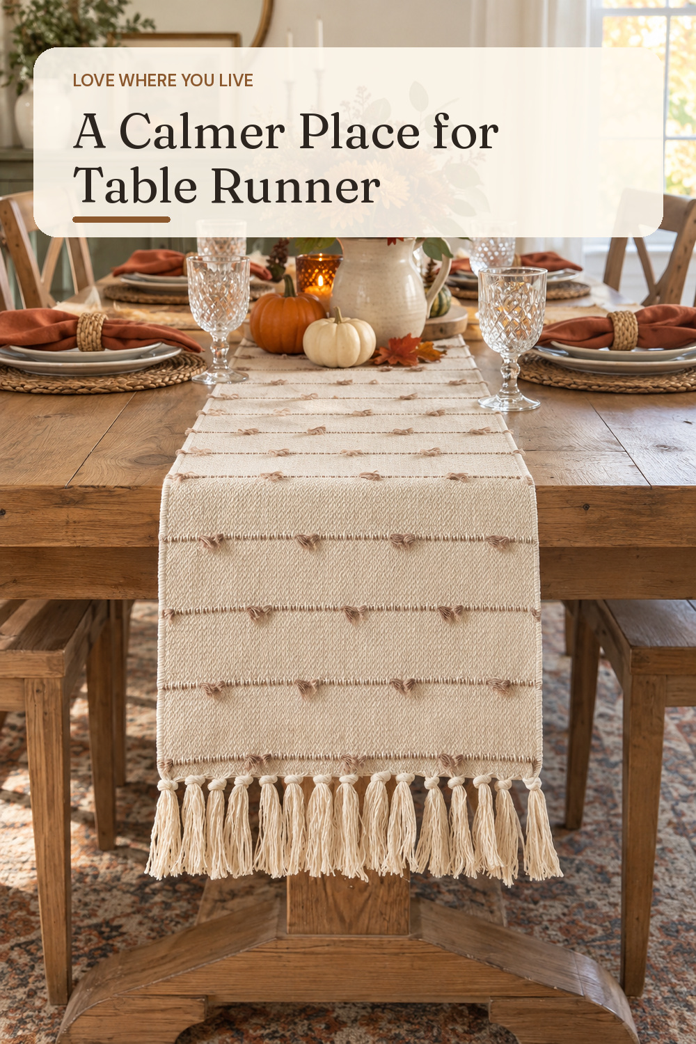 A table runner used in an everyday dining table set for fall with natural window light and practical everyday styling.