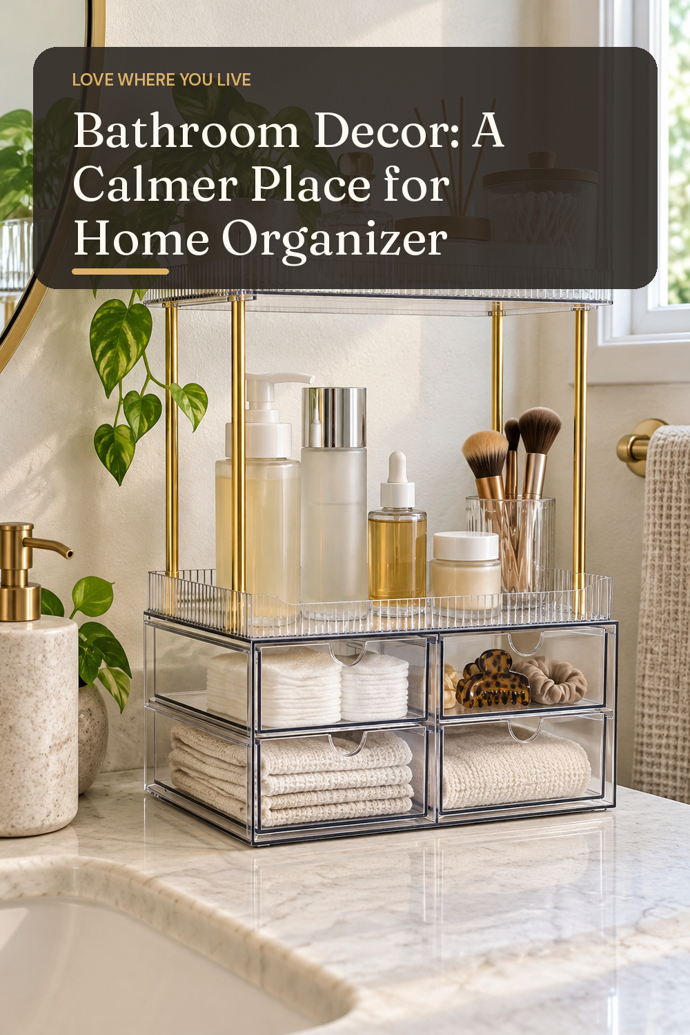 A home organizer used in a naturally lit apartment bathroom with natural window light and practical everyday styling.