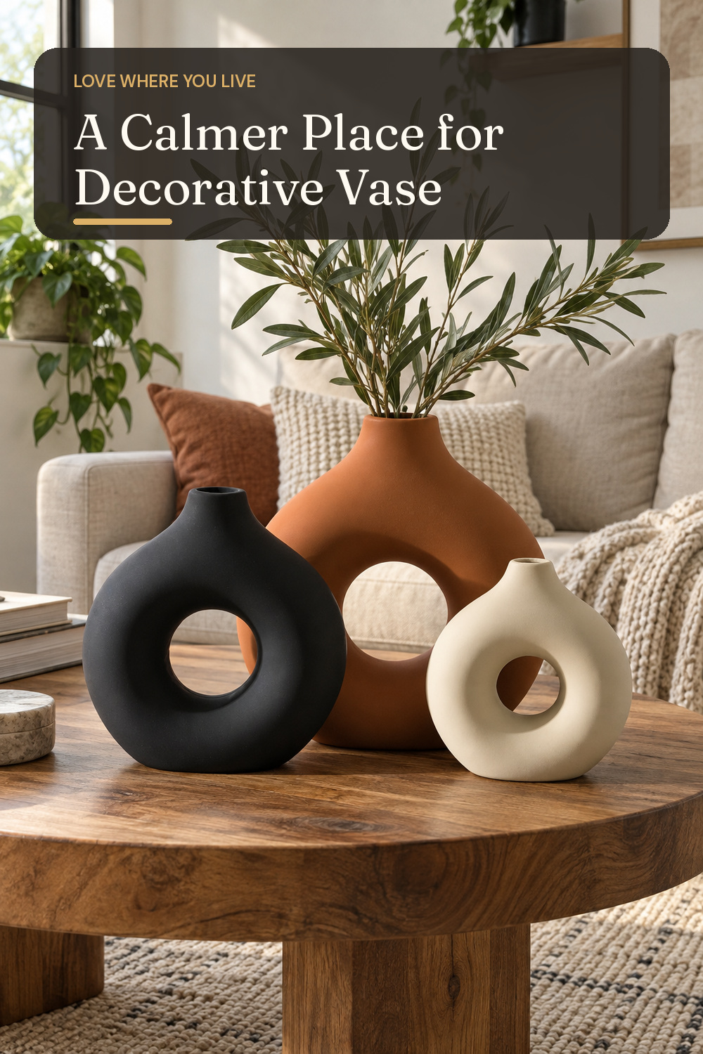 A decorative vase used in a comfortable lived-in living room with natural window light and practical everyday styling.