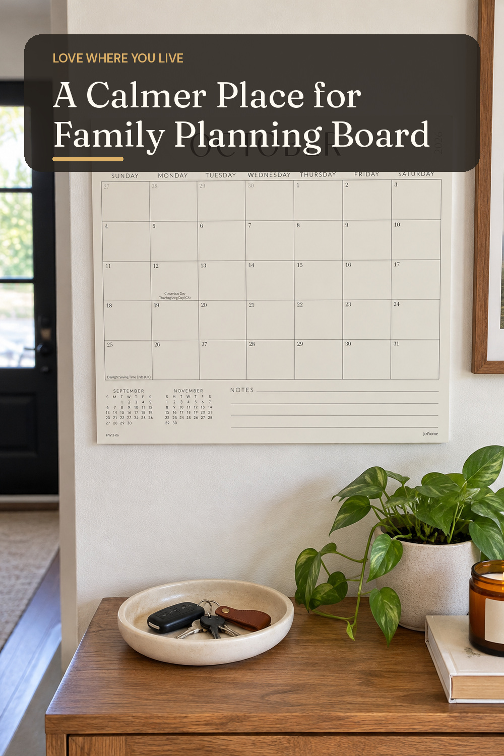 A family planning board used in a busy family entry or kitchen wall with natural window light and practical everyday styling.