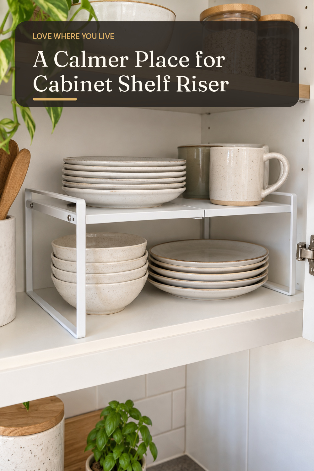 A cabinet shelf riser used in a real compact kitchen with natural window light and practical everyday styling.