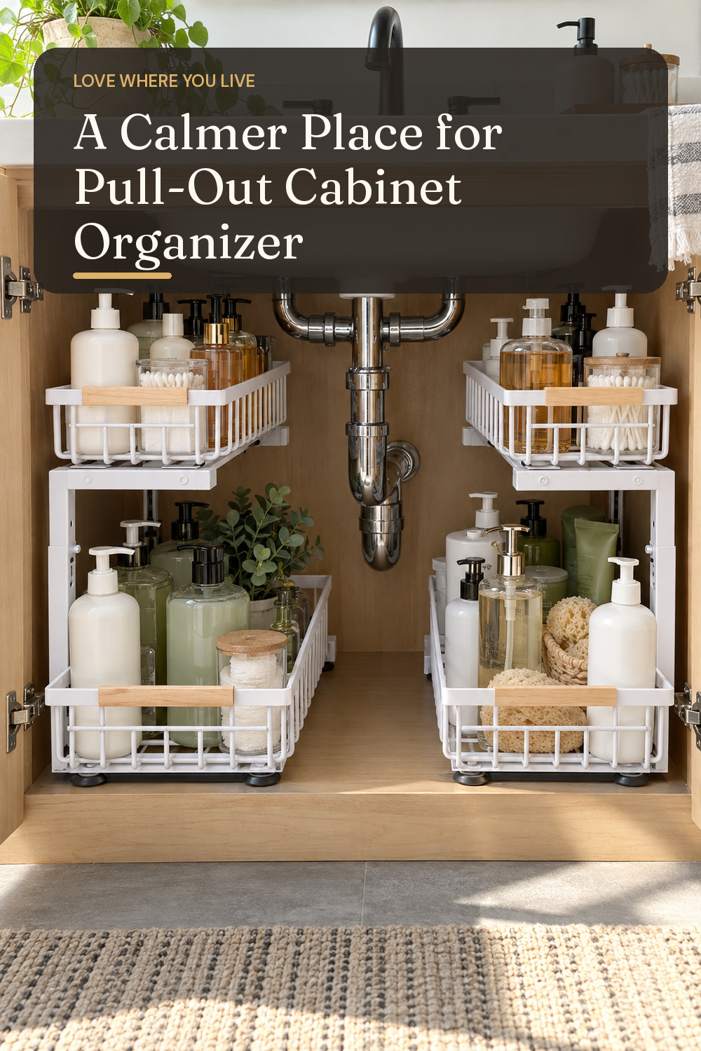 A pull-out cabinet organizer used in a real kitchen or bathroom sink cabinet with natural window light and practical everyday styling.