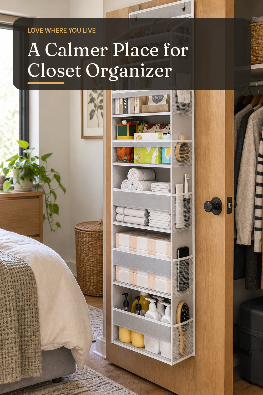 A closet organizer used in a compact apartment room with natural window light and practical everyday styling.
