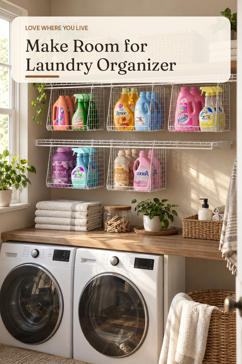 A laundry organizer used in a compact apartment laundry zone with natural window light and practical everyday styling.