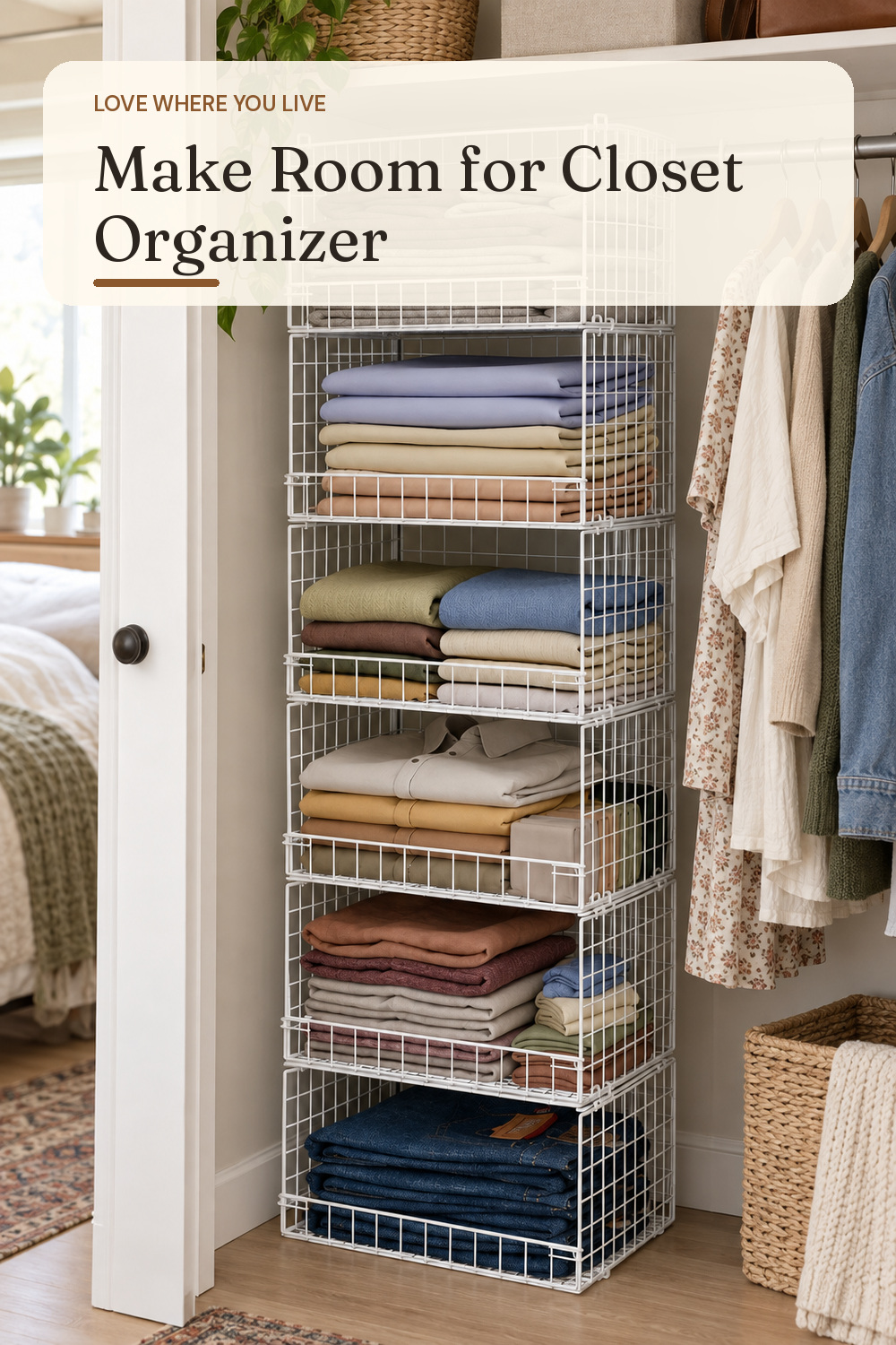 A closet organizer used in a real apartment bedroom closet with natural window light and practical everyday styling.
