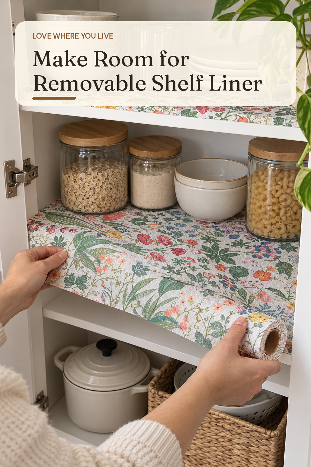 A removable shelf liner used in a lived-in rental kitchen cabinet with natural window light and practical everyday styling.