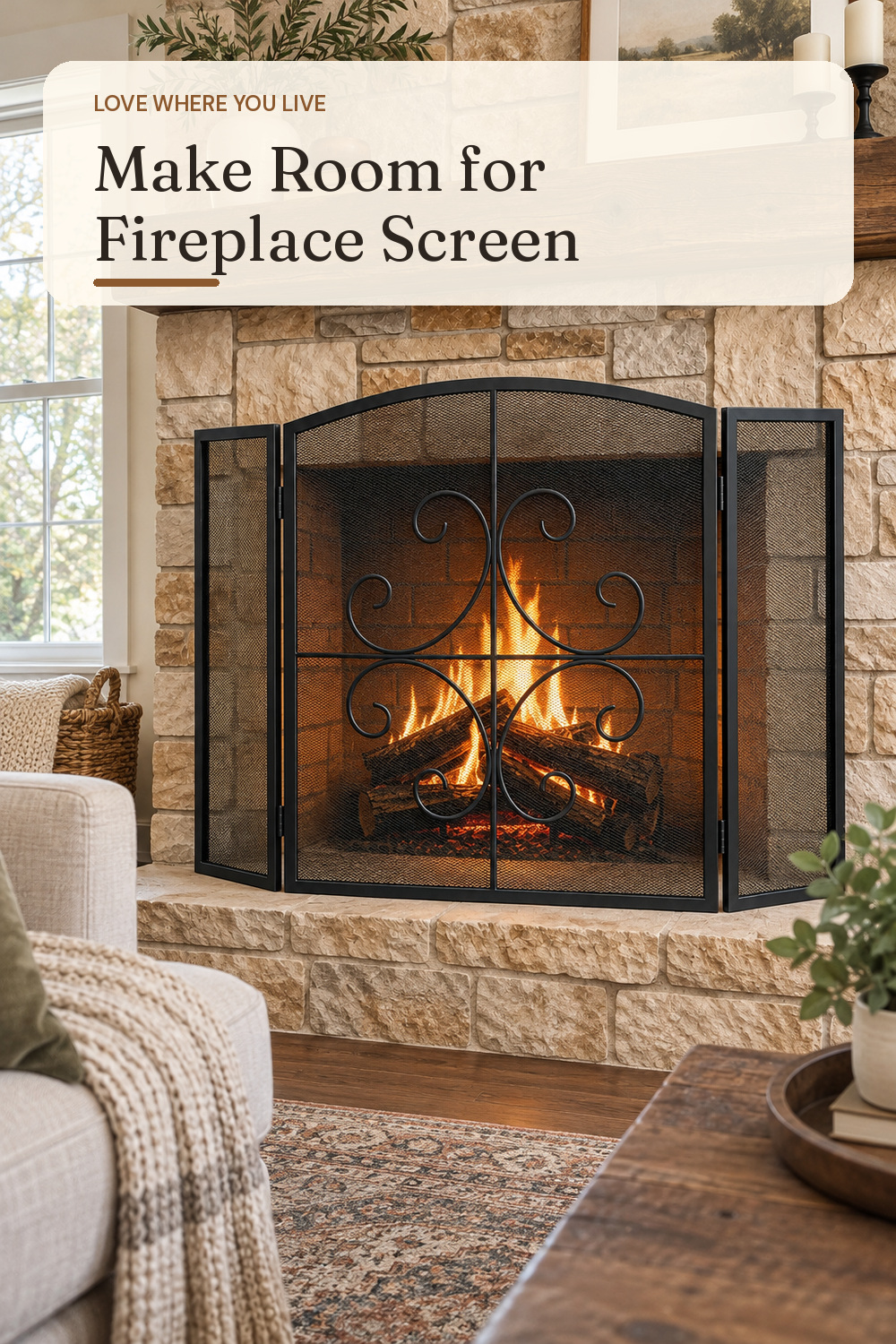 A fireplace screen used in a real living-room hearth with natural window light and practical everyday styling.