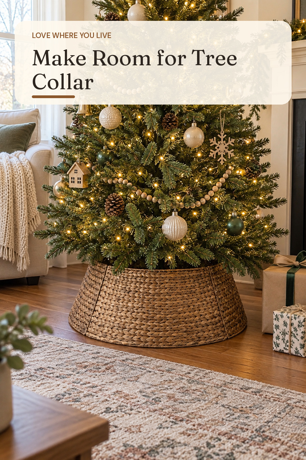 A tree collar used in a modest lived-in living room at Christmas with natural window light and practical everyday styling.