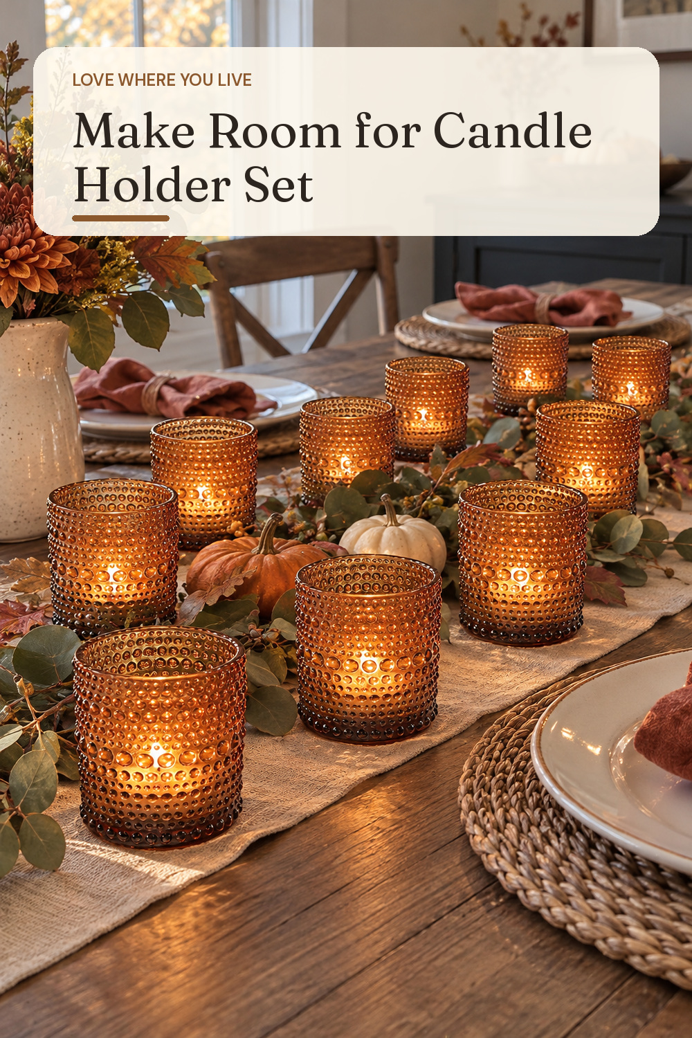 A candle holder set used in an everyday dining table set for fall with natural window light and practical everyday styling.