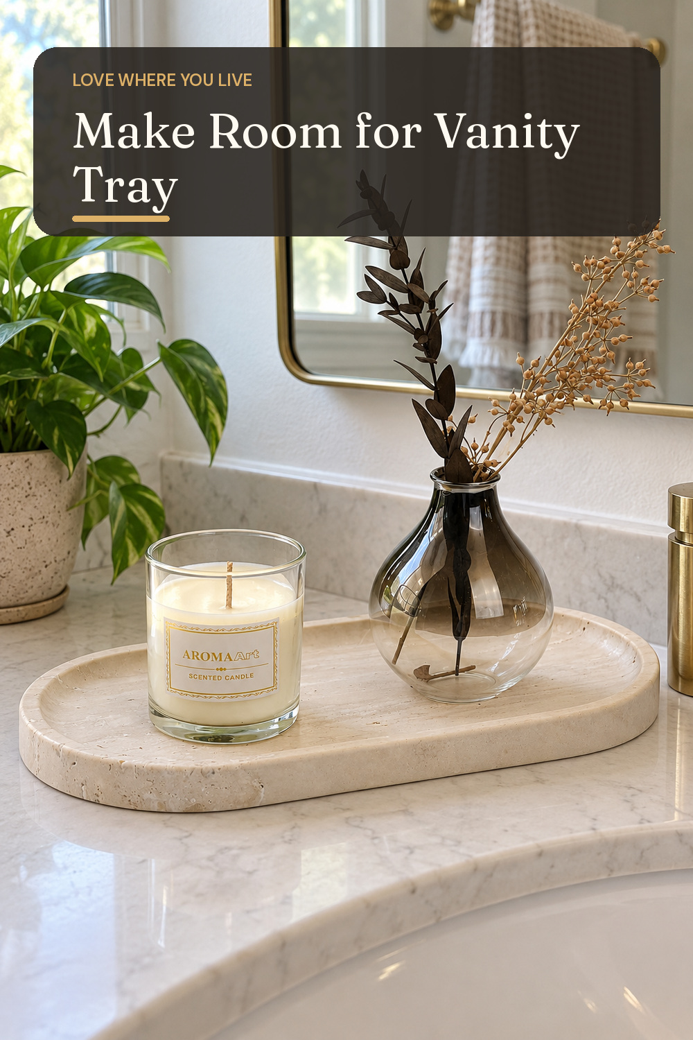 A vanity tray used in a naturally lit apartment bathroom with natural window light and practical everyday styling.