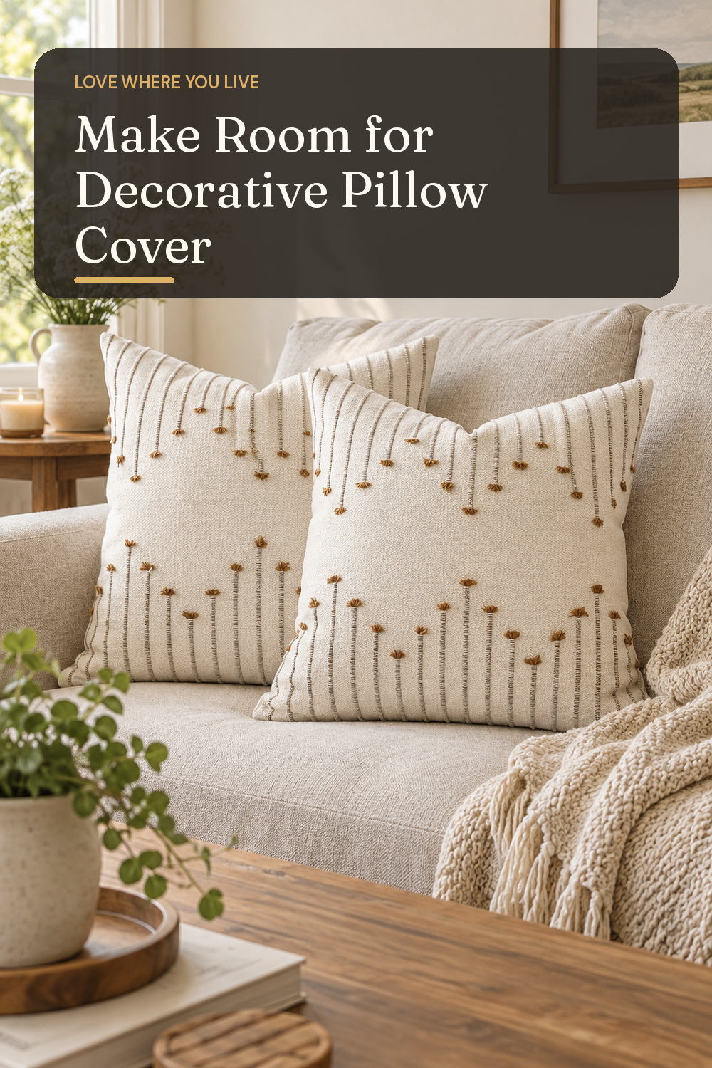 A decorative pillow cover used in a comfortable lived-in living room with natural window light and practical everyday styling.