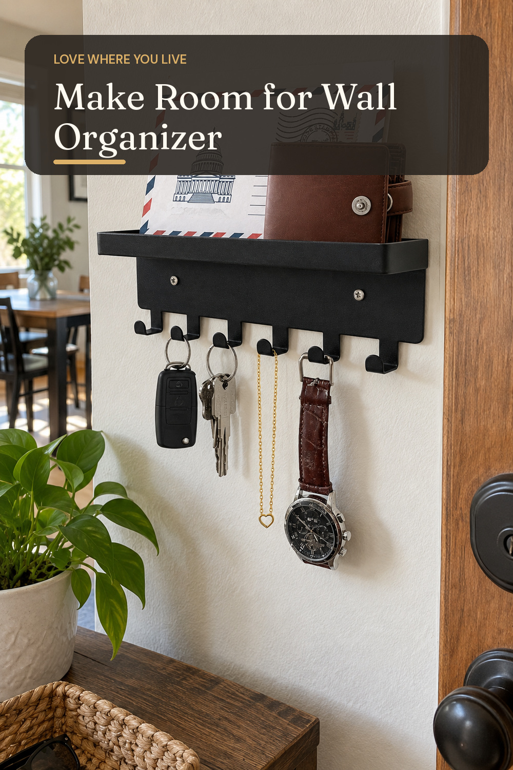 A wall organizer used in a busy family entry or kitchen wall with natural window light and practical everyday styling.
