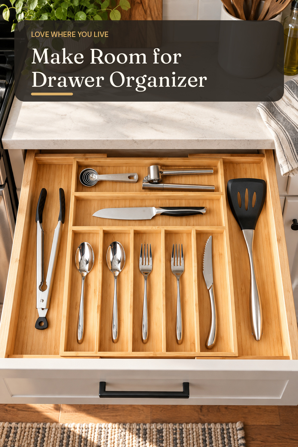 A drawer organizer used in a real compact kitchen with natural window light and practical everyday styling.