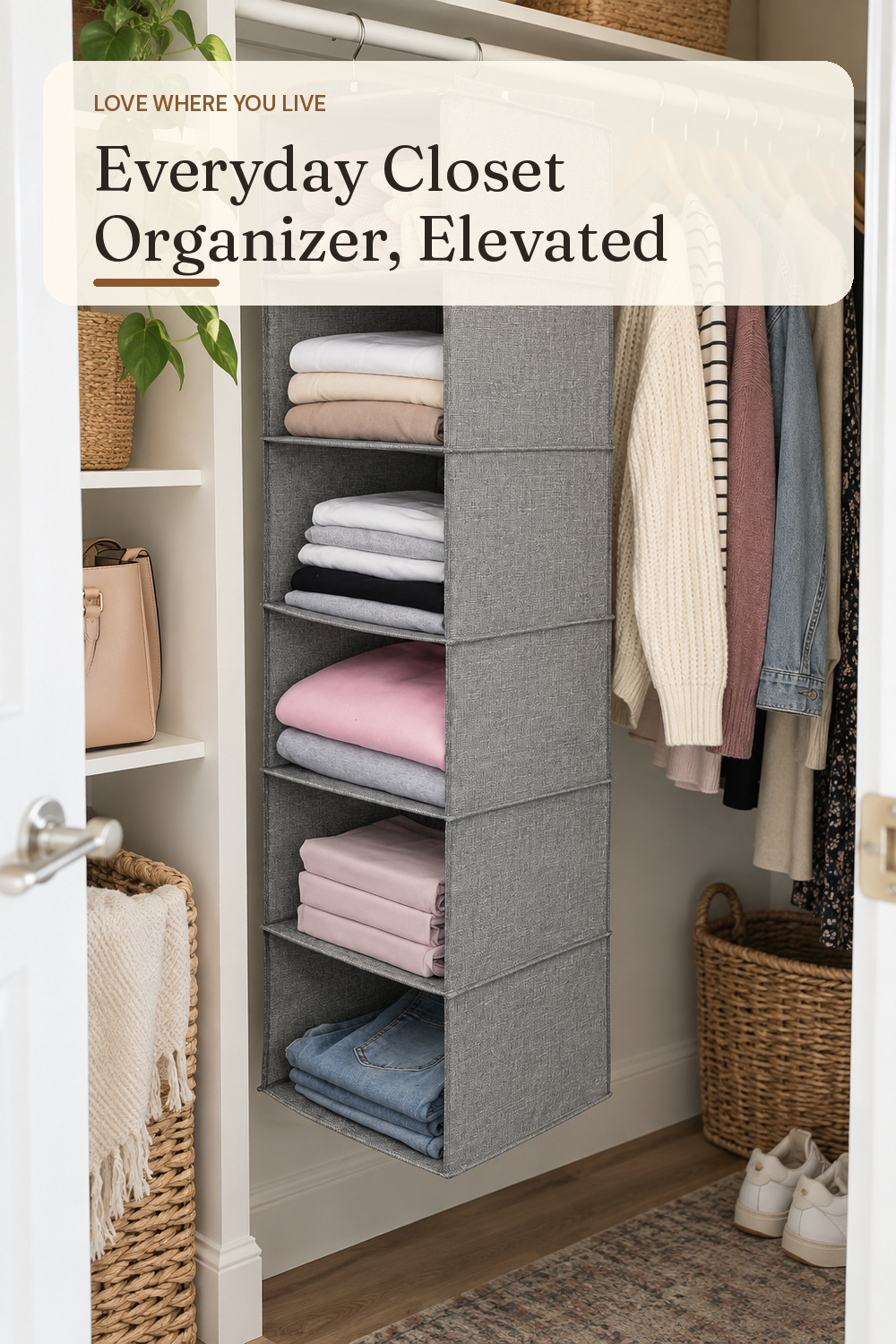 A closet organizer used in a real apartment bedroom closet with natural window light and practical everyday styling.