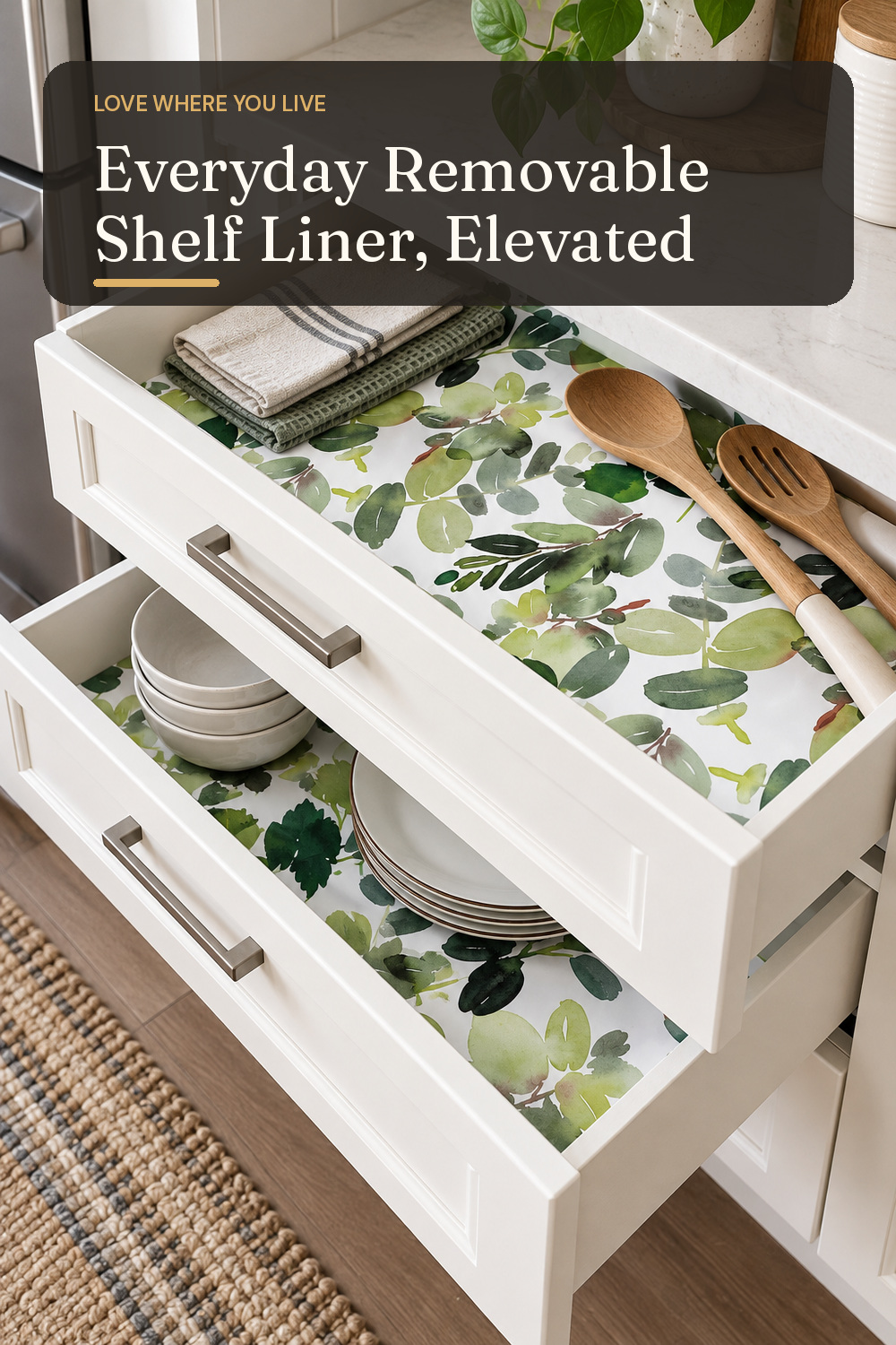 A removable shelf liner used in a lived-in rental kitchen cabinet with natural window light and practical everyday styling.