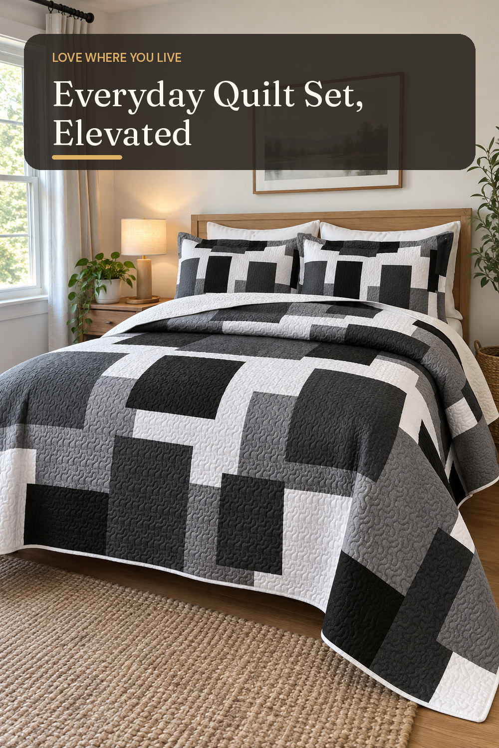 A quilt set used in a believable everyday bedroom with natural window light and practical everyday styling.