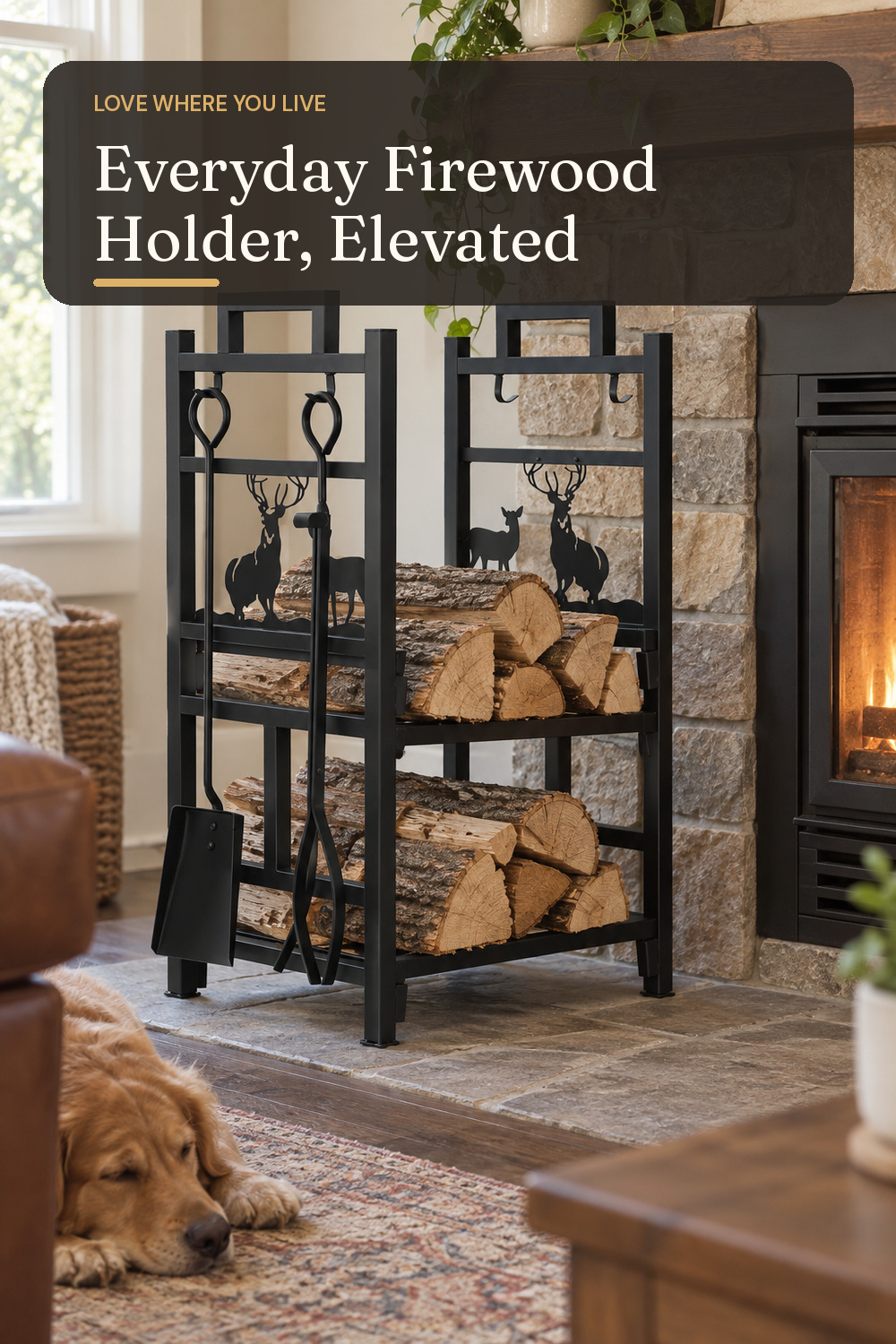 A firewood holder used in a real living-room hearth with natural window light and practical everyday styling.