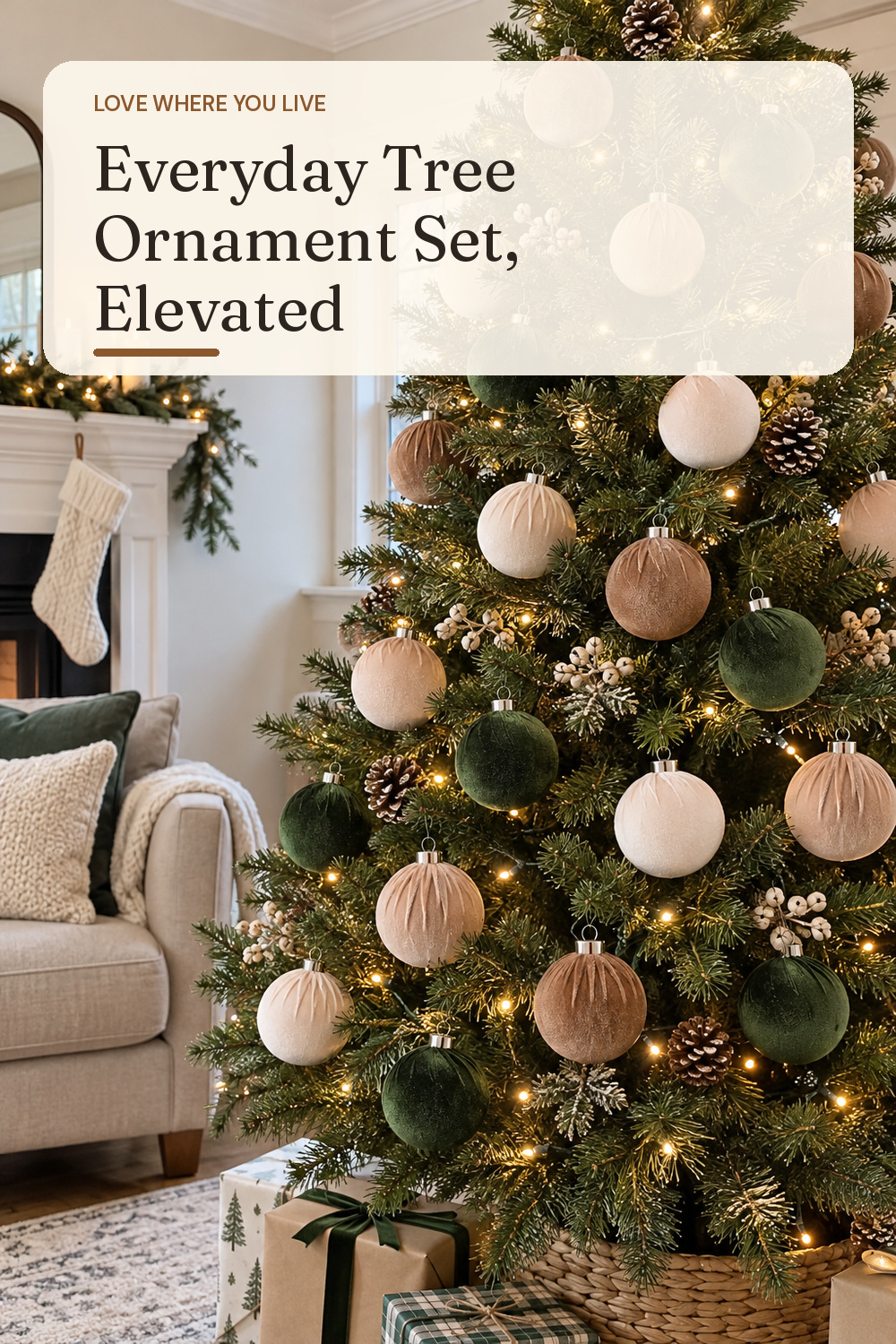 A tree ornament set used in a modest lived-in living room at Christmas with natural window light and practical everyday styling.