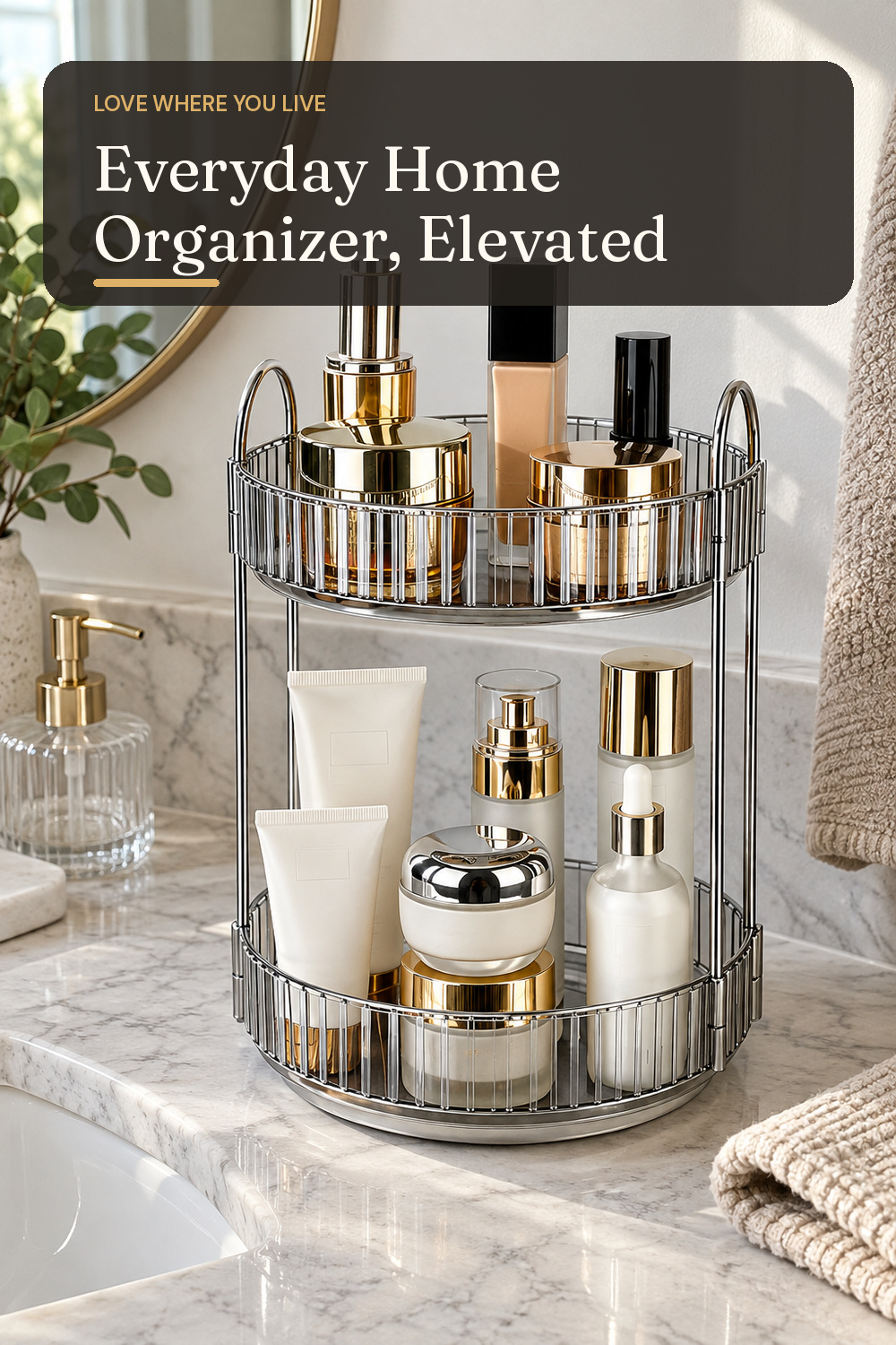 A home organizer used in a naturally lit apartment bathroom with natural window light and practical everyday styling.