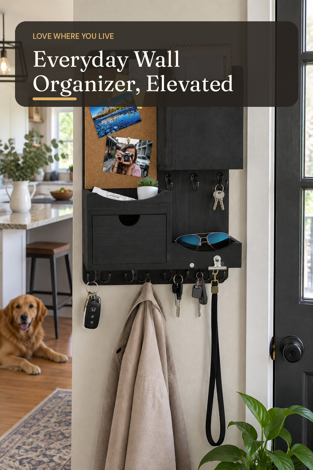 A wall organizer used in a busy family entry or kitchen wall with natural window light and practical everyday styling.