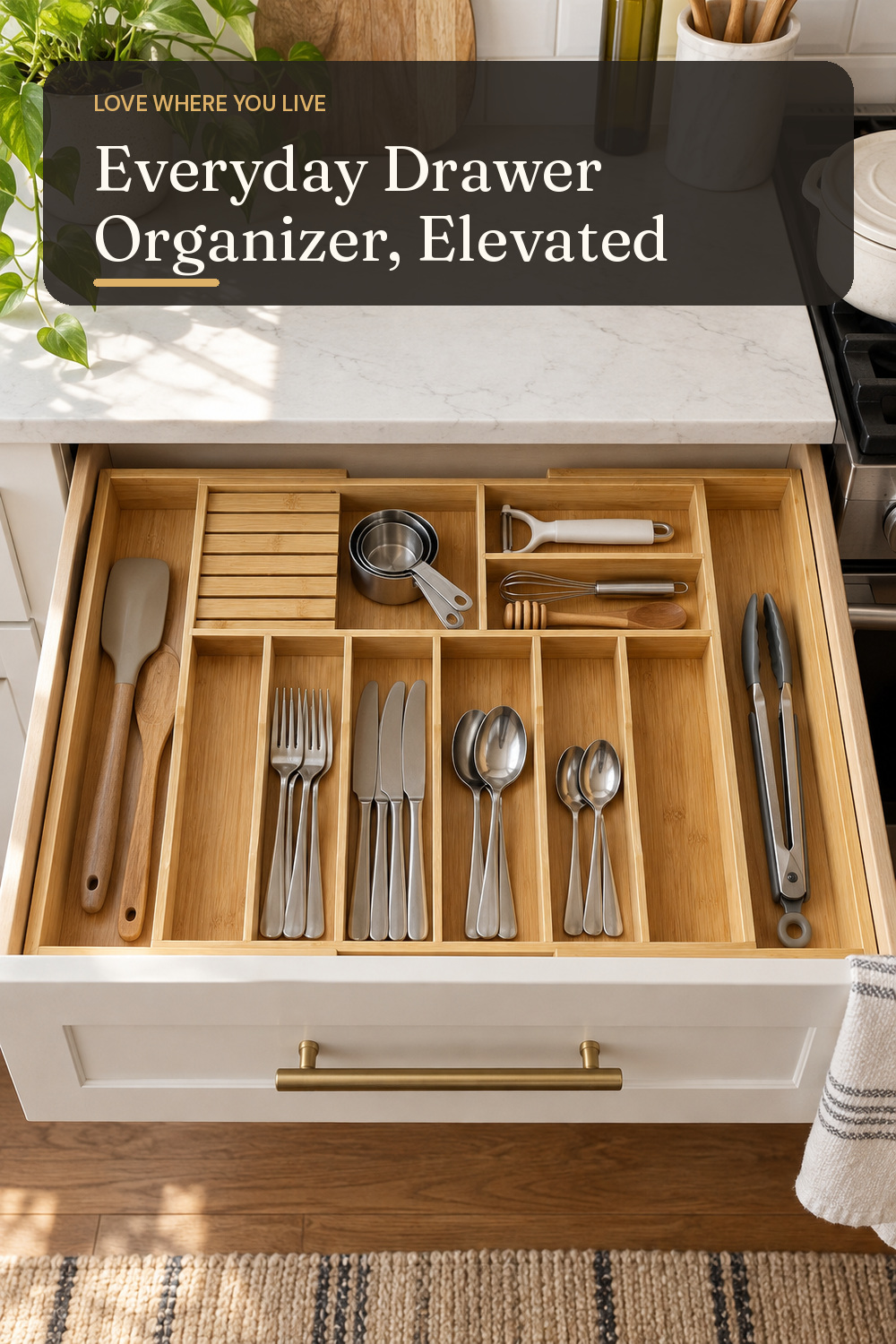 A drawer organizer used in a real compact kitchen with natural window light and practical everyday styling.