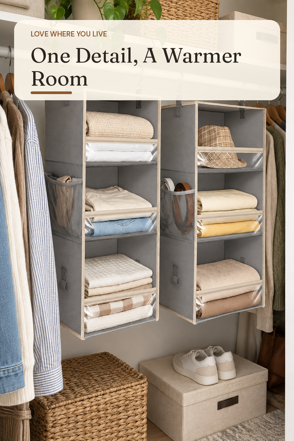 A closet organizer used in a real apartment bedroom closet with natural window light and practical everyday styling.