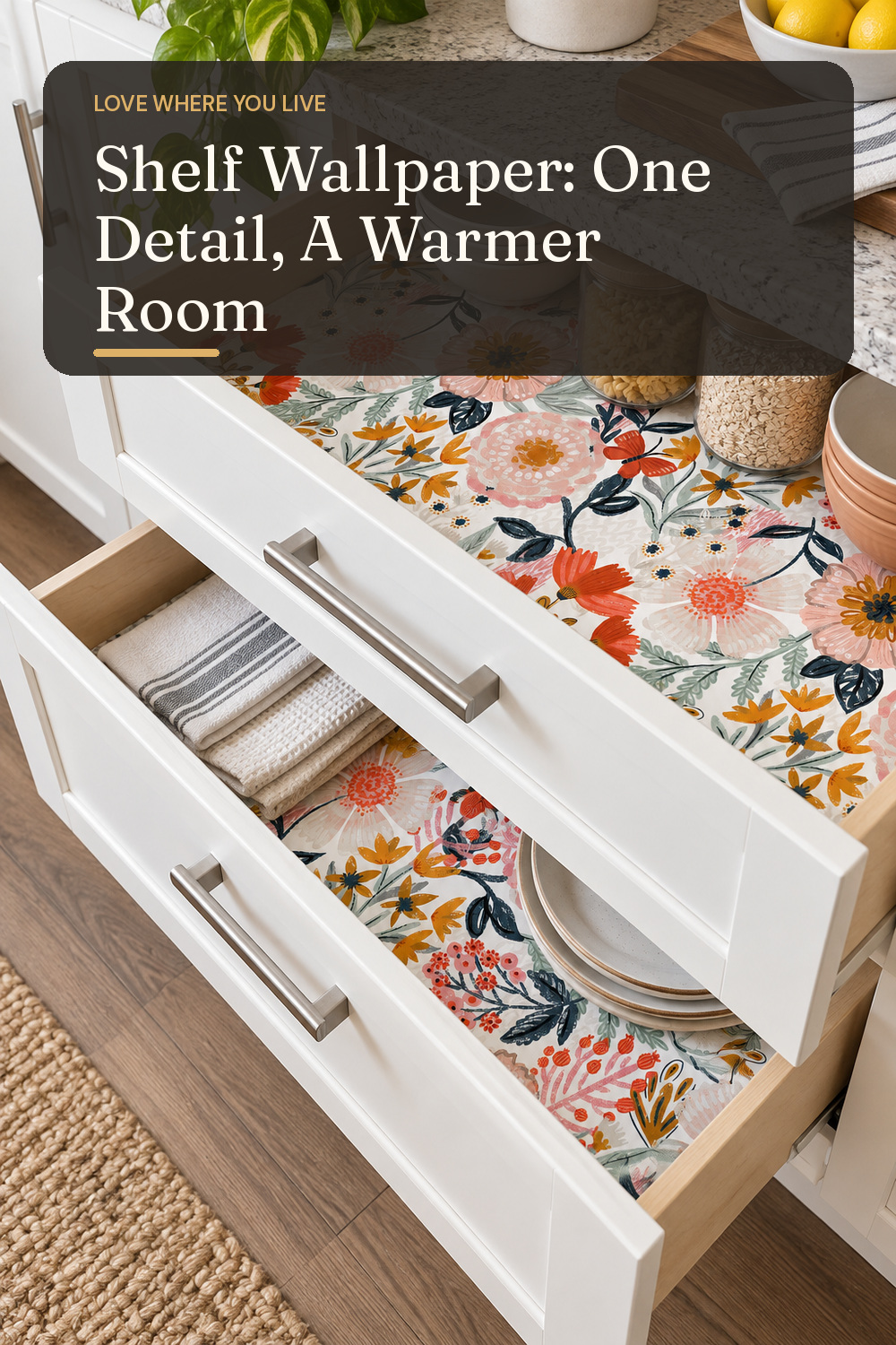 A removable shelf liner used in a lived-in rental kitchen cabinet with natural window light and practical everyday styling.