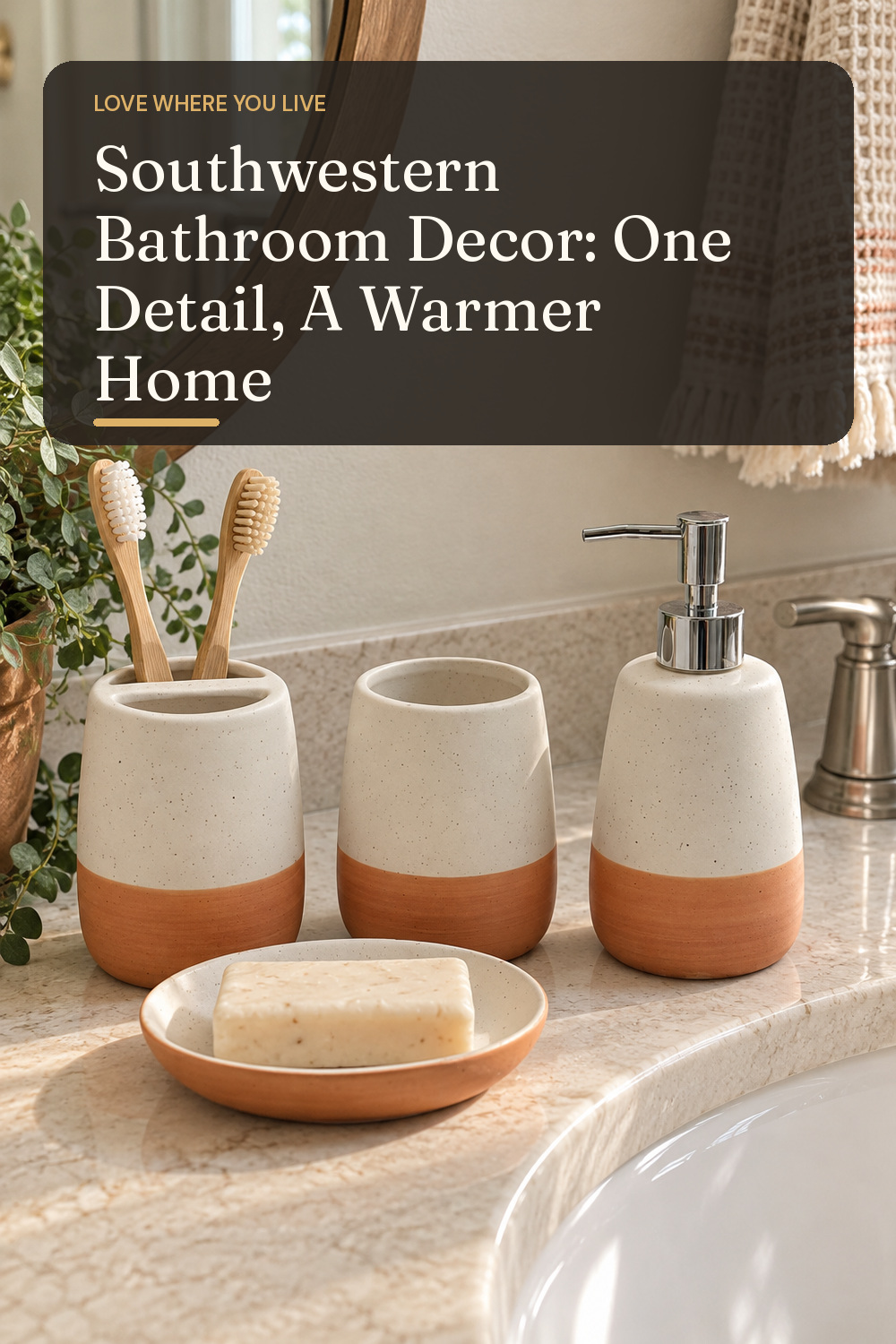 A bathroom counter organizer used in a warm everyday bathroom with natural window light and practical everyday styling.