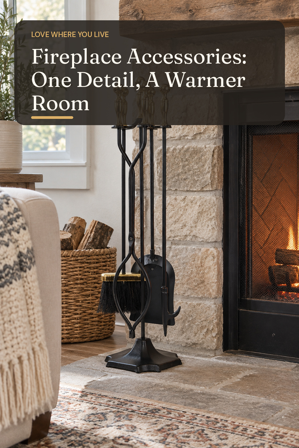 A fireplace tool set used in a real living-room hearth with natural window light and practical everyday styling.