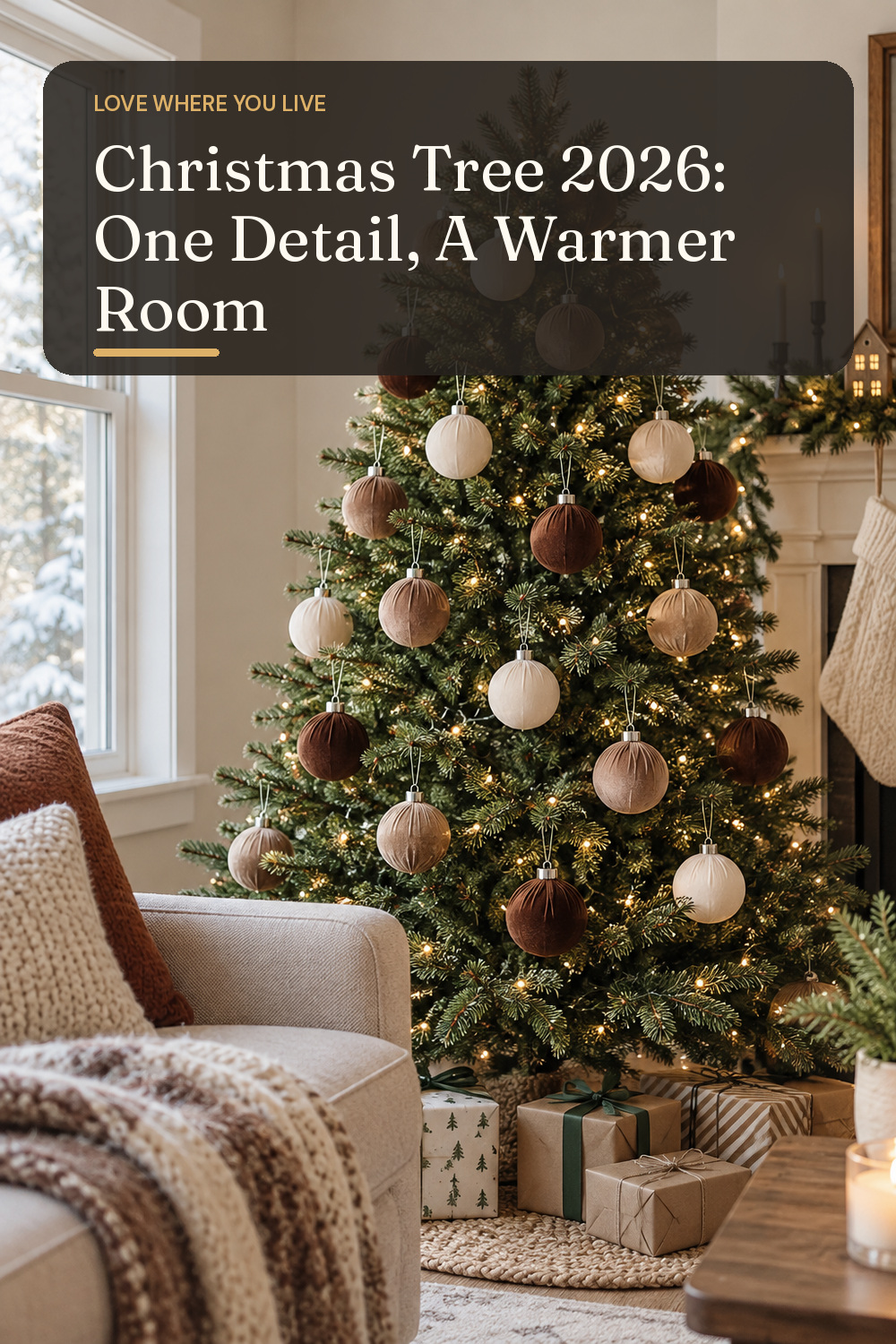 A tree ornament set used in a modest lived-in living room at Christmas with natural window light and practical everyday styling.
