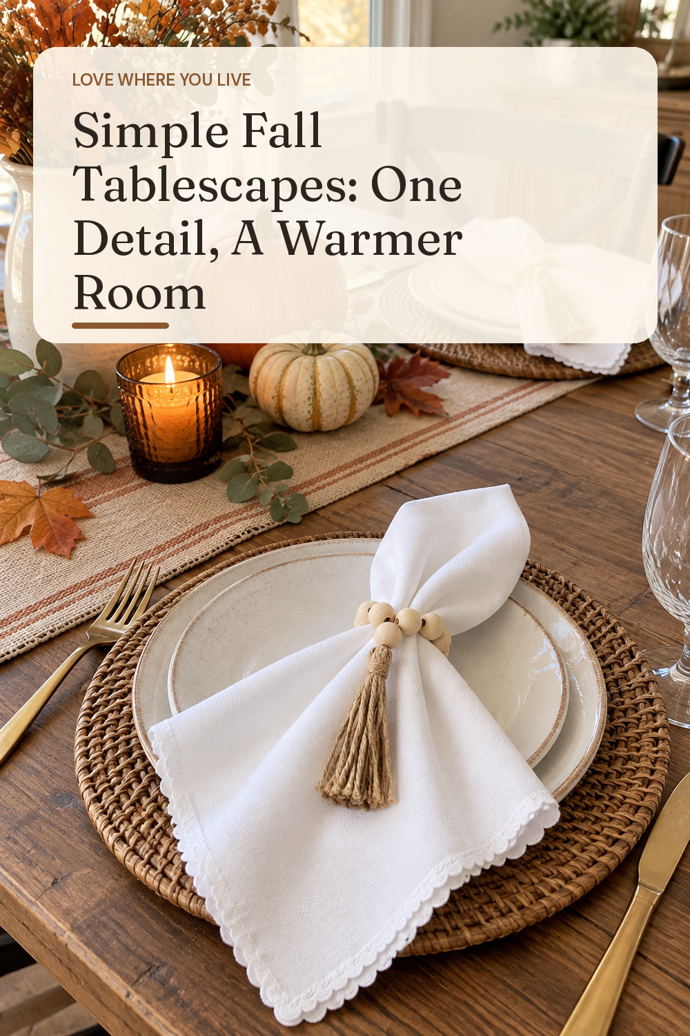 A napkin ring set used in an everyday dining table set for fall with natural window light and practical everyday styling.