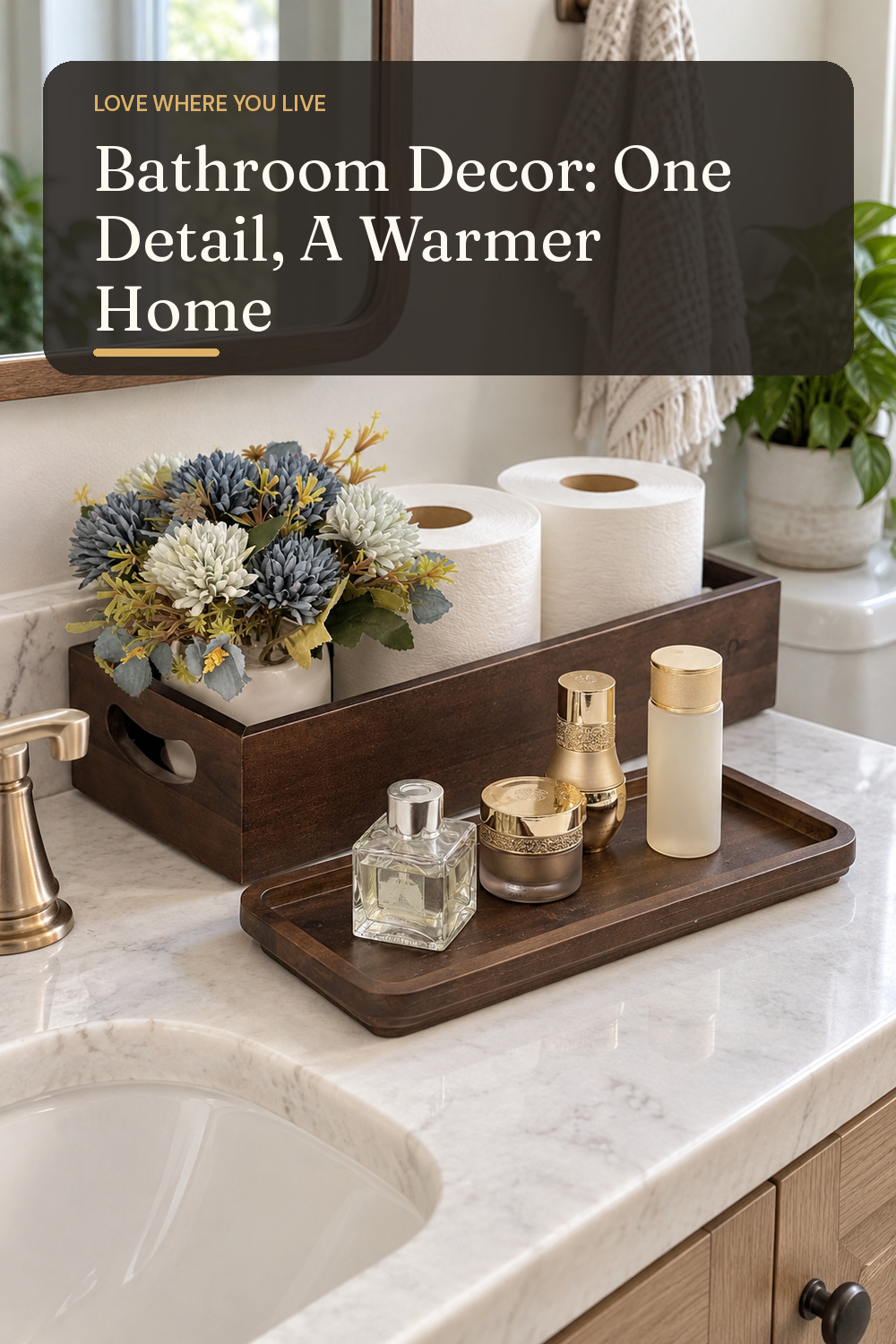 A vanity tray used in a naturally lit apartment bathroom with natural window light and practical everyday styling.