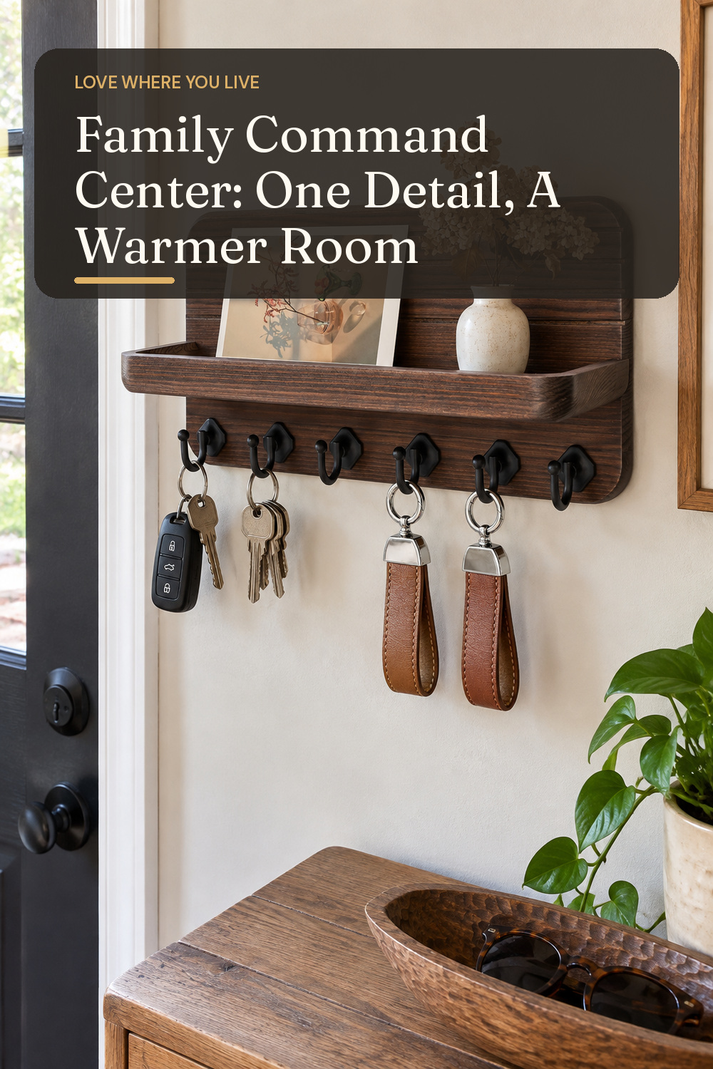 A wall organizer used in a busy family entry or kitchen wall with natural window light and practical everyday styling.
