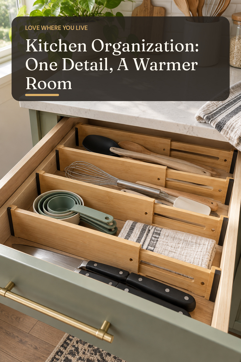 A drawer organizer used in a real compact kitchen with natural window light and practical everyday styling.