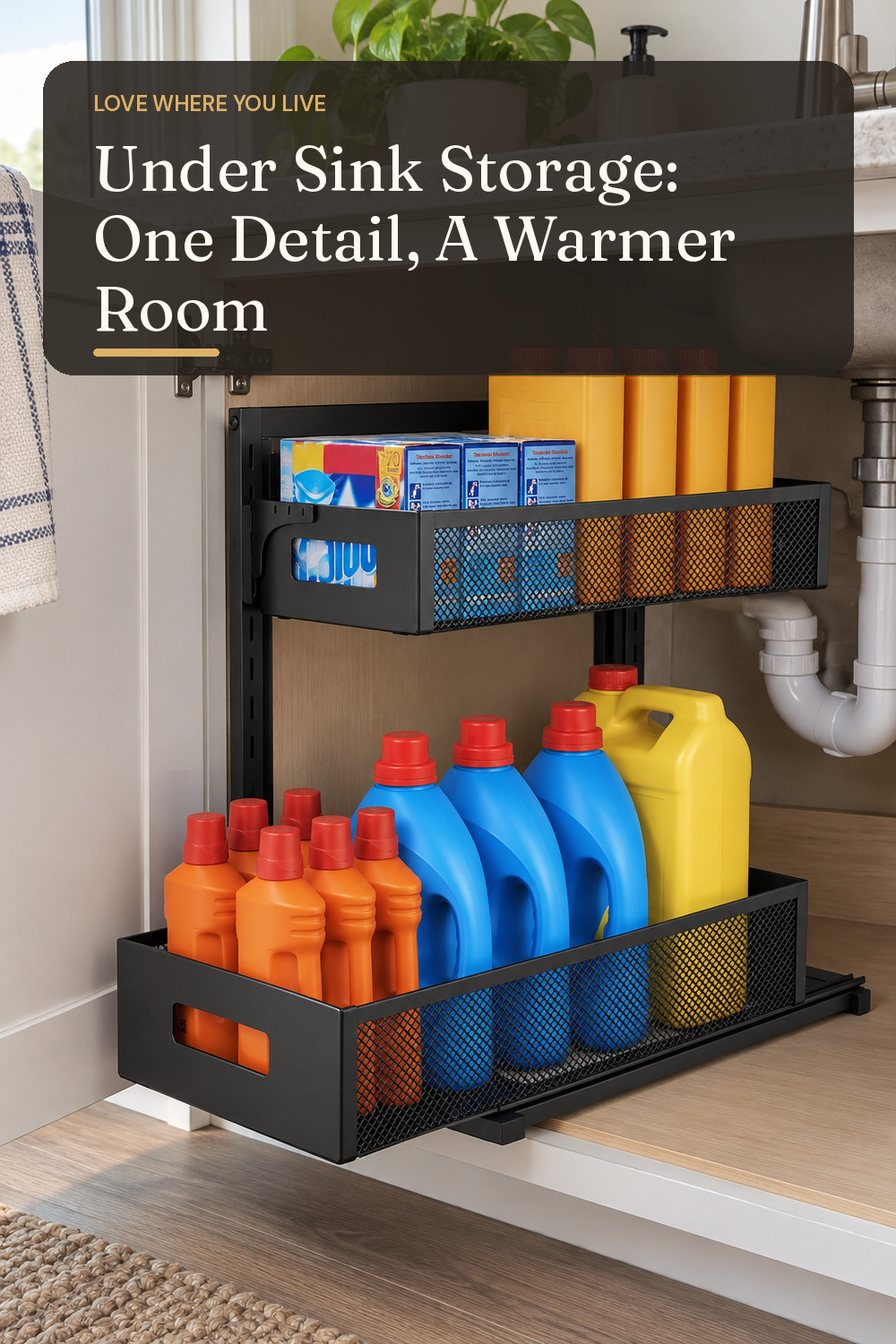 A pull-out cabinet organizer used in a real kitchen or bathroom sink cabinet with natural window light and practical everyday styling.